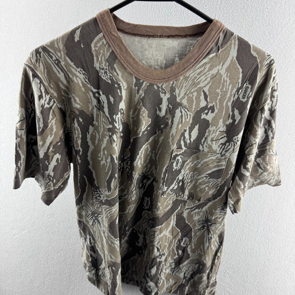 Vintage Tiger Stripe Camo Shirt Mens Fits Small 80s Ranger Pocket Tee Paper Thin